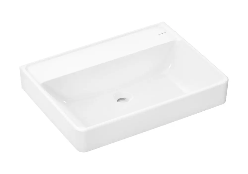 Weißer Waschtisch von Hansgrohe, rechteckige Form ohne Hahnloch und Überlauf, glatte Oberfläche, geeignet für modernes Badezimmerdesign.